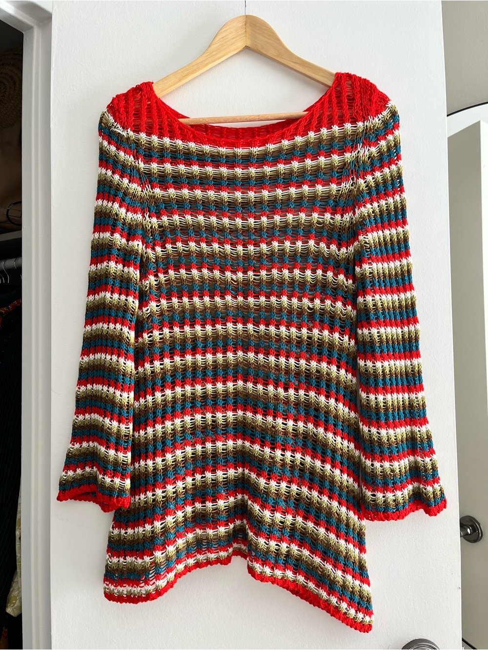 Women’s Red Multi-Stripe Crochet Sweater
